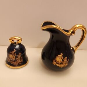 Limoges Cobalt Elegant and 14K Gold Floral Porcelain Pitcher & Bell